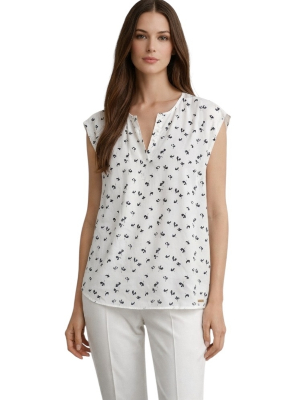 Ivanka Trump White Floral Print Blouse Short Sleeve V-Neck Lightweight Size S